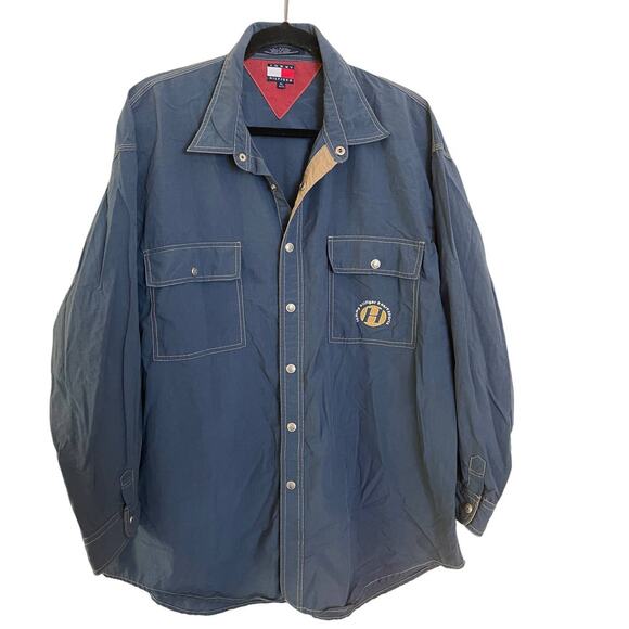 Men's Tommy HILFIGER Snap Front Blue L/S Nylon Shirt SIZE XL - Picture 1 of 8